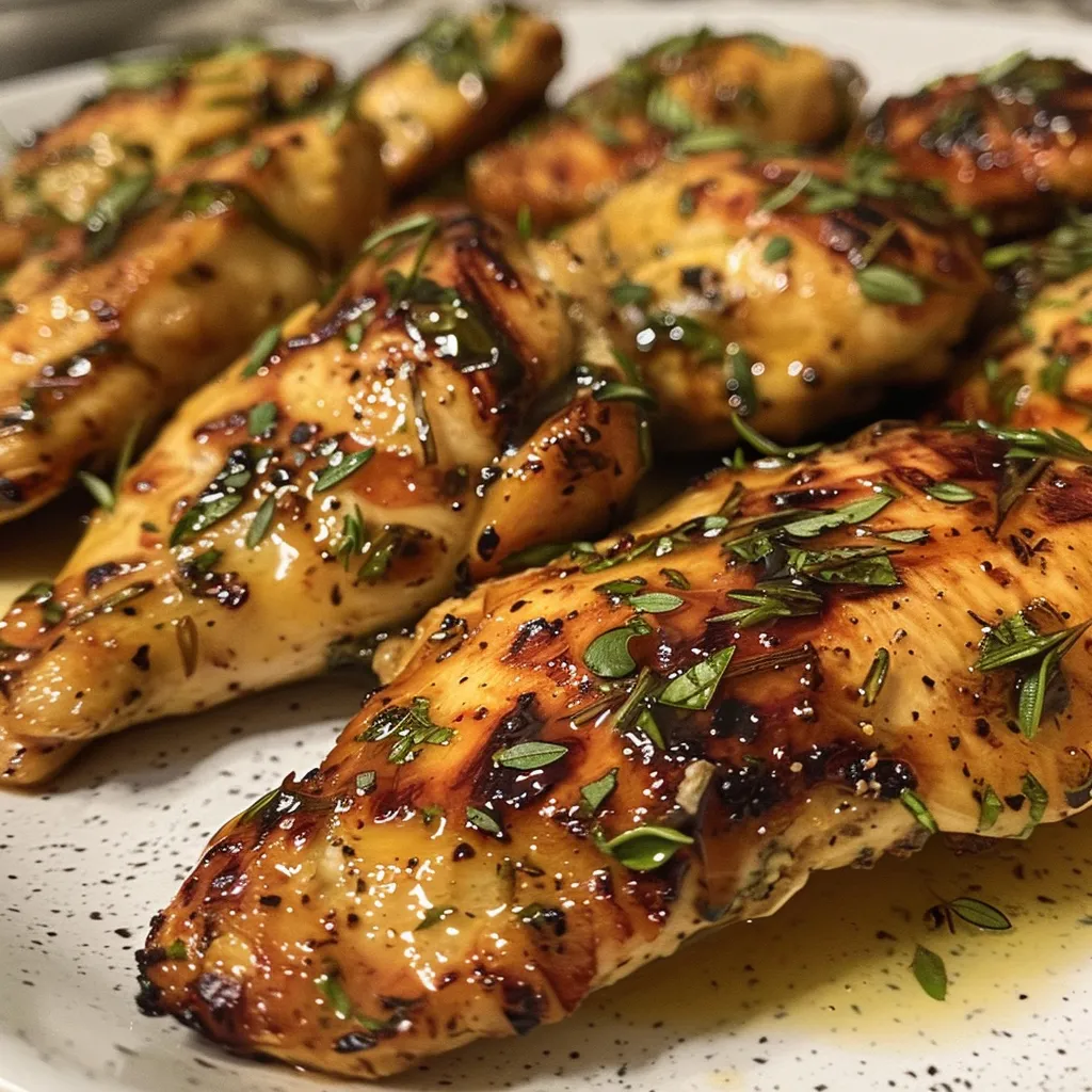 ['Juicy grilled chicken tenders garnished with fresh basil and rosemary.', 'Close-up of lemon rosemary chicken tenders on a plate, drizzled with olive oil.', 'Side view of flavorful grilled chicken tenders infused with lemon and herbs.', 'Tender chicken pieces on a serving plate with lemon slices and sprigs of rosemary.']