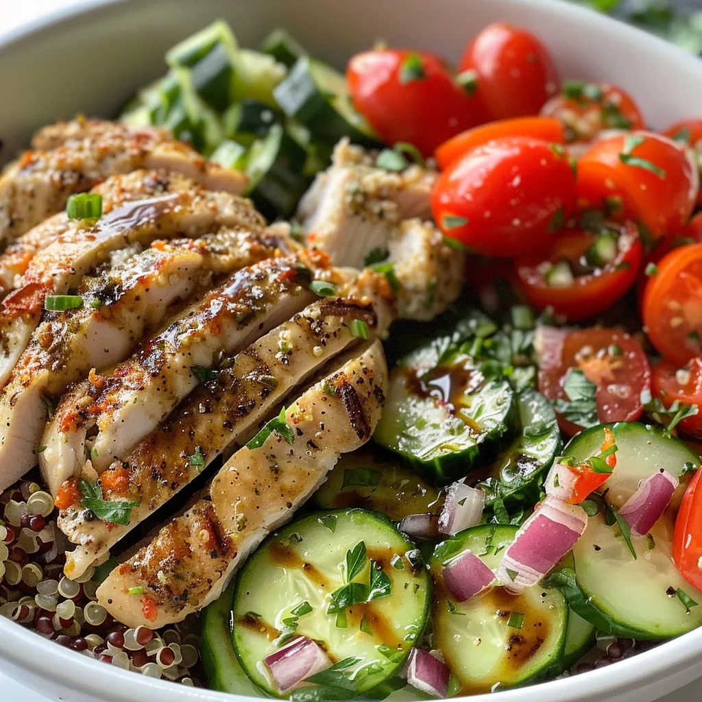 ['Close-up view of a Mediterranean chicken quinoa bowl filled with colorful vegetables.', 'A vibrant quinoa bowl featuring diced chicken, red bell pepper, zucchini, and cherry tomatoes.', 'A healthy meal prep bowl showcasing chicken, quinoa, and fresh Mediterranean ingredients.', 'Side view of a delicious quinoa bowl with colorful ingredients and a creamy tahini dressing.']