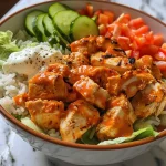 ['A close-up side view of a Buffalo Chicken Protein Bowl with colorful ingredients.', 'Juicy pieces of buffalo chicken on a bed of rice and greens in a bowl.', 'A vibrant Buffalo Chicken Protein Bowl showcasing shredded lettuce and ranch dressing.', 'An iPhone photo capturing a protein bowl filled with buffalo chicken and fresh vegetables.']