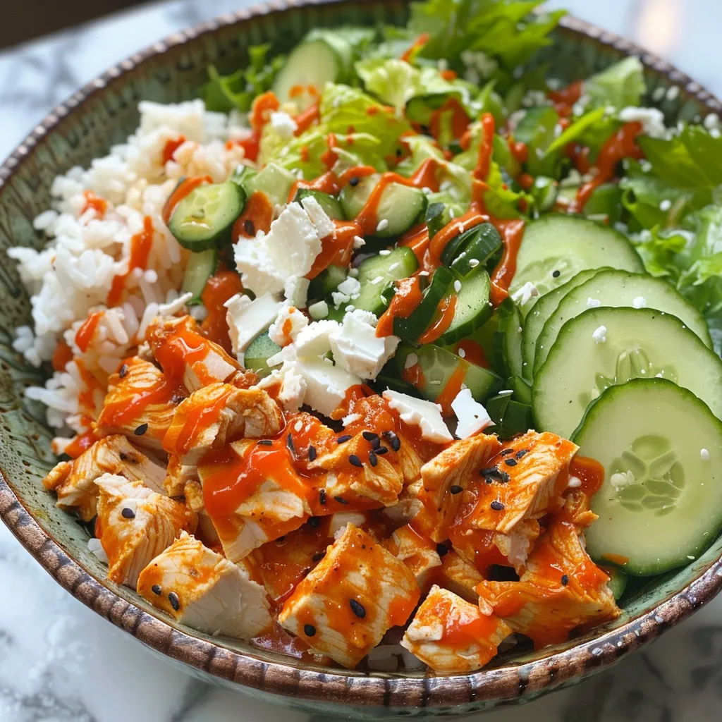 ['A close-up side view of a Buffalo Chicken Protein Bowl with colorful ingredients.', 'Juicy pieces of buffalo chicken on a bed of rice and greens in a bowl.', 'A vibrant Buffalo Chicken Protein Bowl showcasing shredded lettuce and ranch dressing.', 'An iPhone photo capturing a protein bowl filled with buffalo chicken and fresh vegetables.']