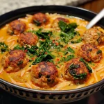 ['A close-up view of a bowl filled with Coconut Curry Meatball Orzo Soup, showcasing meatballs, orzo, and kale in a creamy broth.', 'A colorful presentation of Coconut Curry Meatball Orzo Soup, highlighting plant-based meatballs and vibrant vegetables.', 'A tantalizing close-up of Coconut Curry Meatball Orzo Soup served in a rustic bowl, featuring steam and fresh ingredients.', 'A side view of a rich Coconut Curry Meatball Orzo Soup, with visible meatballs, orzo, and garnished with red pepper flakes.']