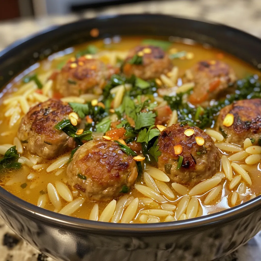 ['A close-up view of a bowl filled with Coconut Curry Meatball Orzo Soup, showcasing meatballs, orzo, and kale in a creamy broth.', 'A colorful presentation of Coconut Curry Meatball Orzo Soup, highlighting plant-based meatballs and vibrant vegetables.', 'A tantalizing close-up of Coconut Curry Meatball Orzo Soup served in a rustic bowl, featuring steam and fresh ingredients.', 'A side view of a rich Coconut Curry Meatball Orzo Soup, with visible meatballs, orzo, and garnished with red pepper flakes.']