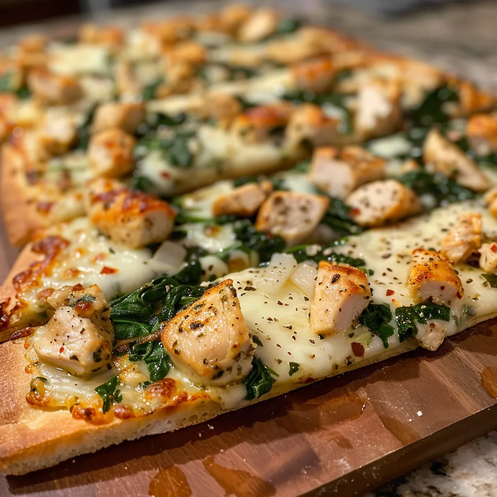 ['Close-up of a juicy chicken and spinach flatbread with melted cheese.', 'Side view of a mouthwatering chicken spinach flatbread topped with herbs.', 'Delicious chicken and spinach flatbread showing a blend of fresh ingredients.', 'Colorful chicken spinach flatbread stacked on a plate, highlighting its texture.']