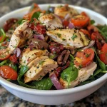 ['Close-up view of Tuscan Chicken Salad featuring sun-dried tomatoes.', 'Juicy Tuscan Chicken Salad with vibrant ingredients displayed in a bowl.', 'Side view of a colorful Tuscan Chicken Salad, highlighting its freshness.', 'Serving of Tuscan Chicken Salad showcasing chicken and sun-dried tomatoes.']