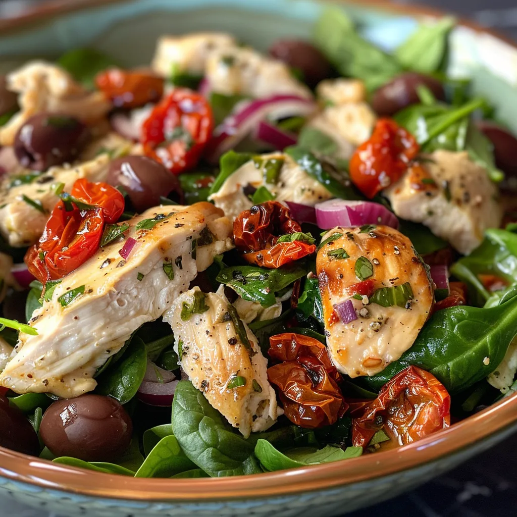 ['Close-up view of Tuscan Chicken Salad featuring sun-dried tomatoes.', 'Juicy Tuscan Chicken Salad with vibrant ingredients displayed in a bowl.', 'Side view of a colorful Tuscan Chicken Salad, highlighting its freshness.', 'Serving of Tuscan Chicken Salad showcasing chicken and sun-dried tomatoes.']