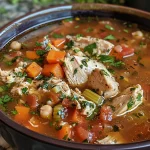 ['Close-up view of Mediterranean chicken soup with colorful vegetables and chicken pieces.', 'Side image of a bowl of Mediterranean chicken soup featuring tomatoes, carrots, and spinach.', 'Detailed close-up of Mediterranean chicken soup showing various ingredients and vibrant colors.', 'Juicy Mediterranean chicken soup in a bowl with a rich broth and garnished with parsley.']