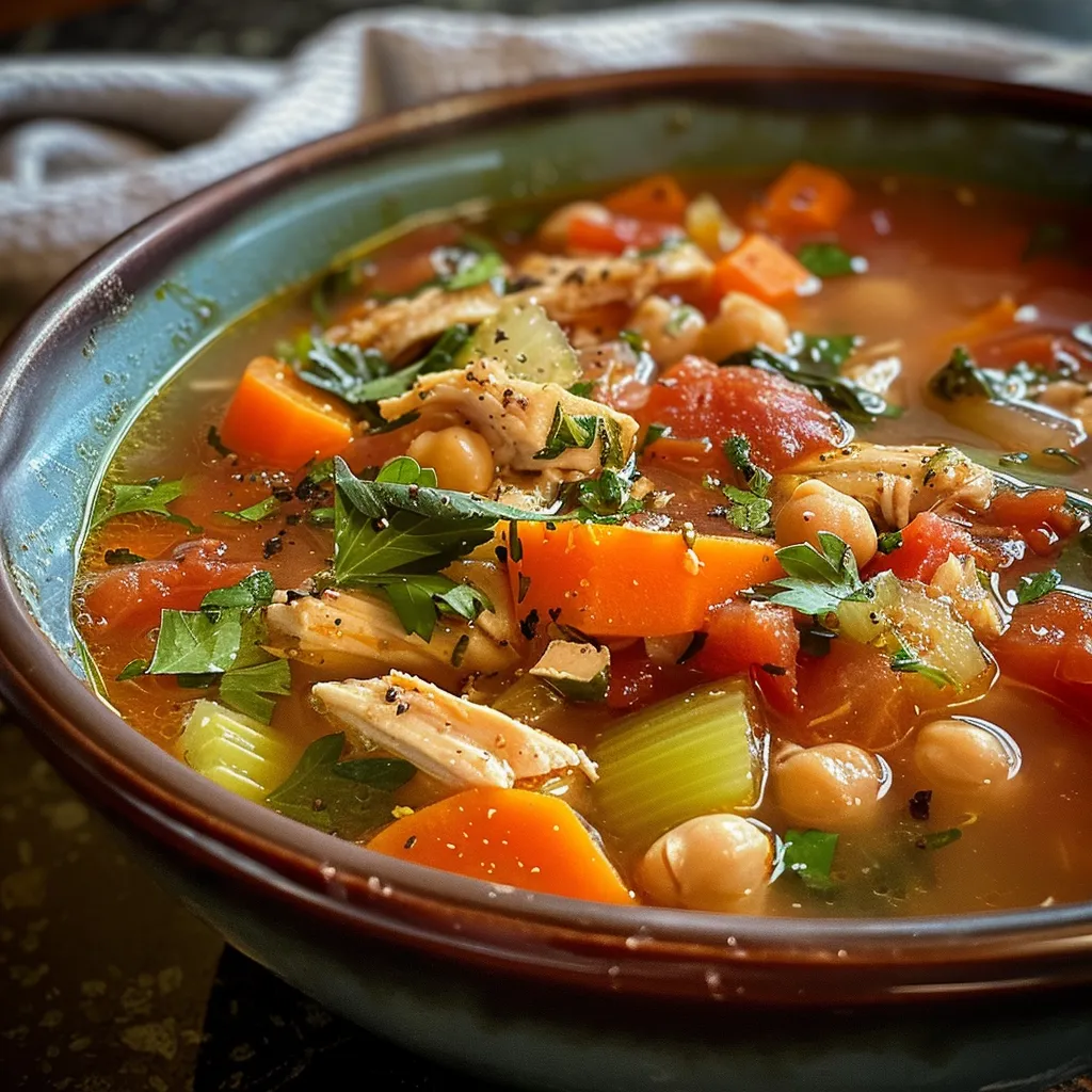 ['Close-up view of Mediterranean chicken soup with colorful vegetables and chicken pieces.', 'Side image of a bowl of Mediterranean chicken soup featuring tomatoes, carrots, and spinach.', 'Detailed close-up of Mediterranean chicken soup showing various ingredients and vibrant colors.', 'Juicy Mediterranean chicken soup in a bowl with a rich broth and garnished with parsley.']
