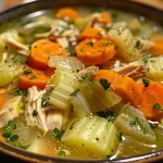 ['A close-up view of a bowl of Ultimate Chicken Soup with colorful vegetables and herbs.', 'Side view of a hearty chicken soup filled with carrots, parsnips, and herbs in a white bowl.', 'Juicy chicken soup showing vibrant ingredients like celery, garlic, and fresh parsley against a wooden backdrop.', 'Close-up of a delicious chicken soup garnished with fresh herbs and vegetables served in a rustic bowl.']