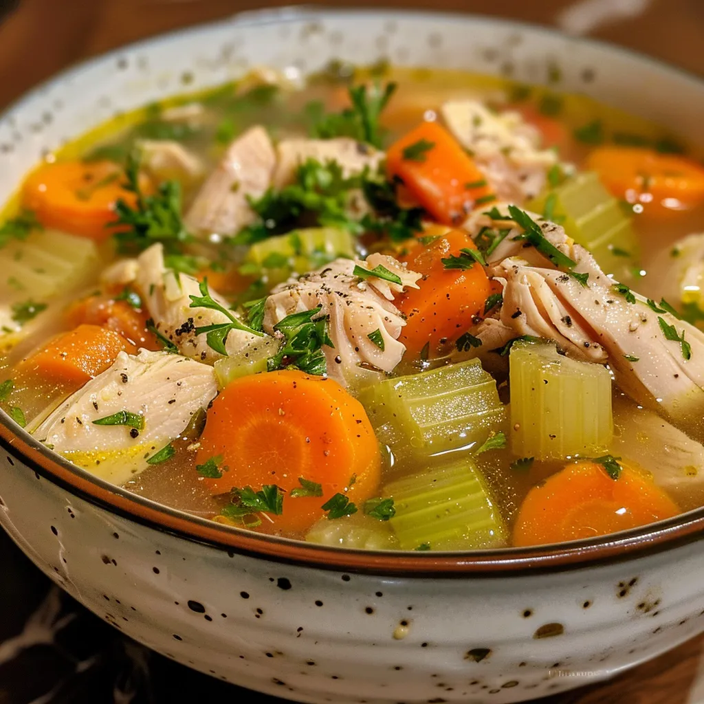 ['A close-up view of a bowl of Ultimate Chicken Soup with colorful vegetables and herbs.', 'Side view of a hearty chicken soup filled with carrots, parsnips, and herbs in a white bowl.', 'Juicy chicken soup showing vibrant ingredients like celery, garlic, and fresh parsley against a wooden backdrop.', 'Close-up of a delicious chicken soup garnished with fresh herbs and vegetables served in a rustic bowl.']