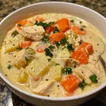 ['Close-up view of creamy chicken potato soup with visible chunks of chicken, potatoes, and vegetables.', 'Side shot of a warm bowl of creamy chicken potato soup, showcasing its rich texture and colorful ingredients.', 'Delicious creamy chicken potato soup, featuring a mix of diced chicken, potatoes, and carrots in a creamy broth.', 'A hearty bowl of creamy chicken potato soup, highlighted by vibrant vegetables and a silky smooth texture.']
