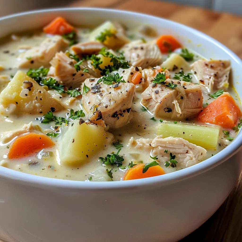 ['Close-up view of creamy chicken potato soup with visible chunks of chicken, potatoes, and vegetables.', 'Side shot of a warm bowl of creamy chicken potato soup, showcasing its rich texture and colorful ingredients.', 'Delicious creamy chicken potato soup, featuring a mix of diced chicken, potatoes, and carrots in a creamy broth.', 'A hearty bowl of creamy chicken potato soup, highlighted by vibrant vegetables and a silky smooth texture.']