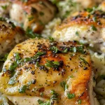 ['A close-up view of a plate featuring Ranch Chicken & Rice with visible chicken thighs and green spinach.', 'Juicy Ranch Chicken & Rice displayed in a side view, highlighting chicken, rice, and chopped parsley.', 'A detailed image of Ranch Chicken & Rice, showcasing tender chicken thighs and a bed of white rice with greenery.', 'Close-up of a colorful serving of Ranch Chicken & Rice on a plate, emphasizing its hearty ingredients.']