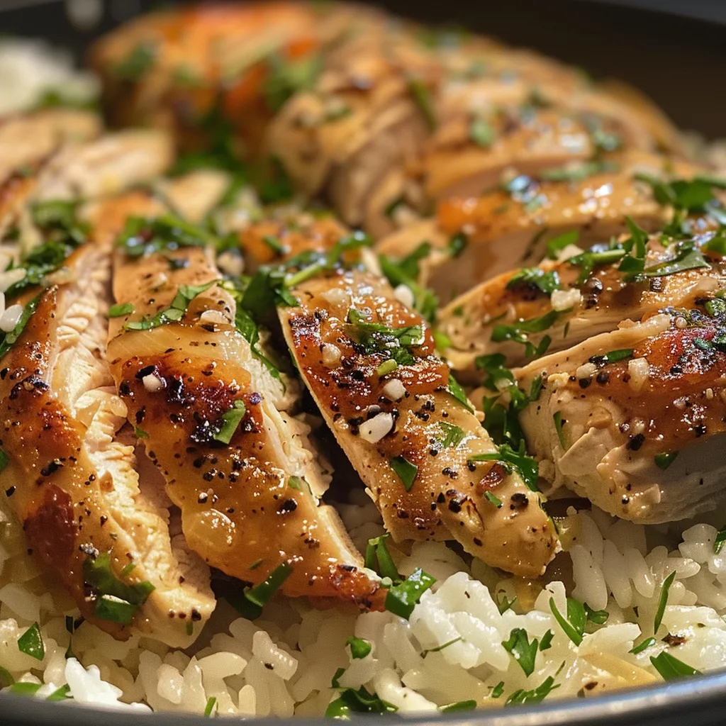 ['A close-up view of a plate featuring Ranch Chicken & Rice with visible chicken thighs and green spinach.', 'Juicy Ranch Chicken & Rice displayed in a side view, highlighting chicken, rice, and chopped parsley.', 'A detailed image of Ranch Chicken & Rice, showcasing tender chicken thighs and a bed of white rice with greenery.', 'Close-up of a colorful serving of Ranch Chicken & Rice on a plate, emphasizing its hearty ingredients.']