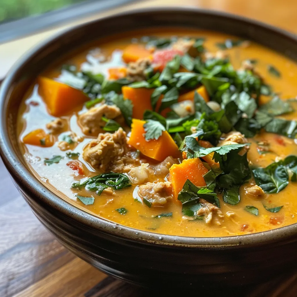 ['A creamy bowl of chicken and pumpkin soup with herbs on top, photographed from the side.', 'Close-up view of succulent chicken and pumpkin soup with fresh greens and herbs.', 'Delicious, vibrant chicken and pumpkin soup served in a rustic bowl, garnished with basil and cilantro.', 'Side view of a hearty chicken and pumpkin soup, showcasing its creamy texture and colorful ingredients.']