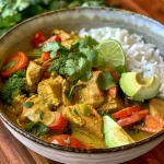 ['Close-up view of avocado curry with chicken and vegetables in a bowl.', 'A vibrant serving of avocado curry featuring chicken chunks and colorful vegetables.', 'Side view of a delicious avocado curry with slices of avocado and chicken pieces.', 'Juicy avocado curry with chicken, bell peppers, broccoli, and carrots in a bowl.']