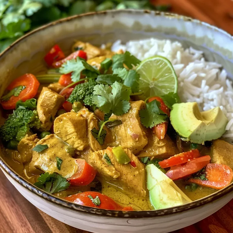 ['Close-up view of avocado curry with chicken and vegetables in a bowl.', 'A vibrant serving of avocado curry featuring chicken chunks and colorful vegetables.', 'Side view of a delicious avocado curry with slices of avocado and chicken pieces.', 'Juicy avocado curry with chicken, bell peppers, broccoli, and carrots in a bowl.']