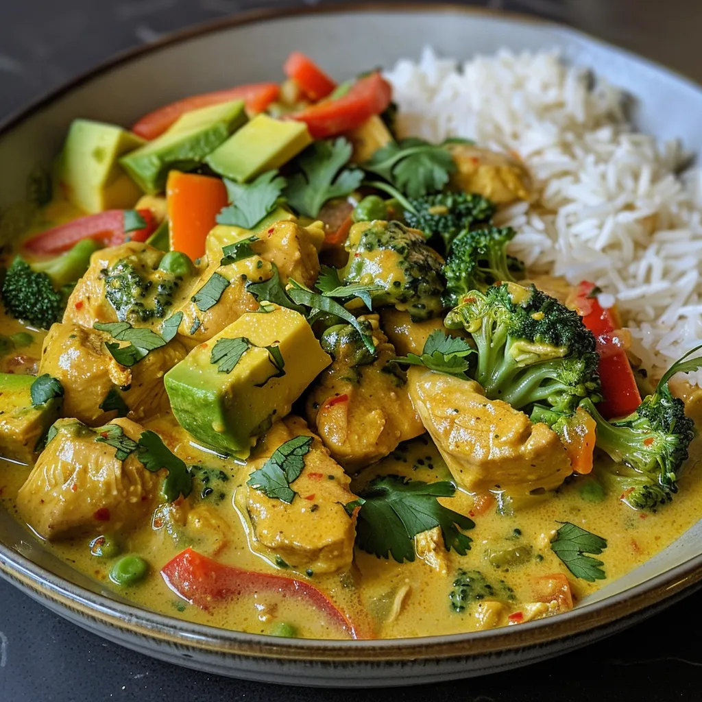 ['Close-up view of avocado curry with chicken and vegetables in a bowl.', 'A vibrant serving of avocado curry featuring chicken chunks and colorful vegetables.', 'Side view of a delicious avocado curry with slices of avocado and chicken pieces.', 'Juicy avocado curry with chicken, bell peppers, broccoli, and carrots in a bowl.']