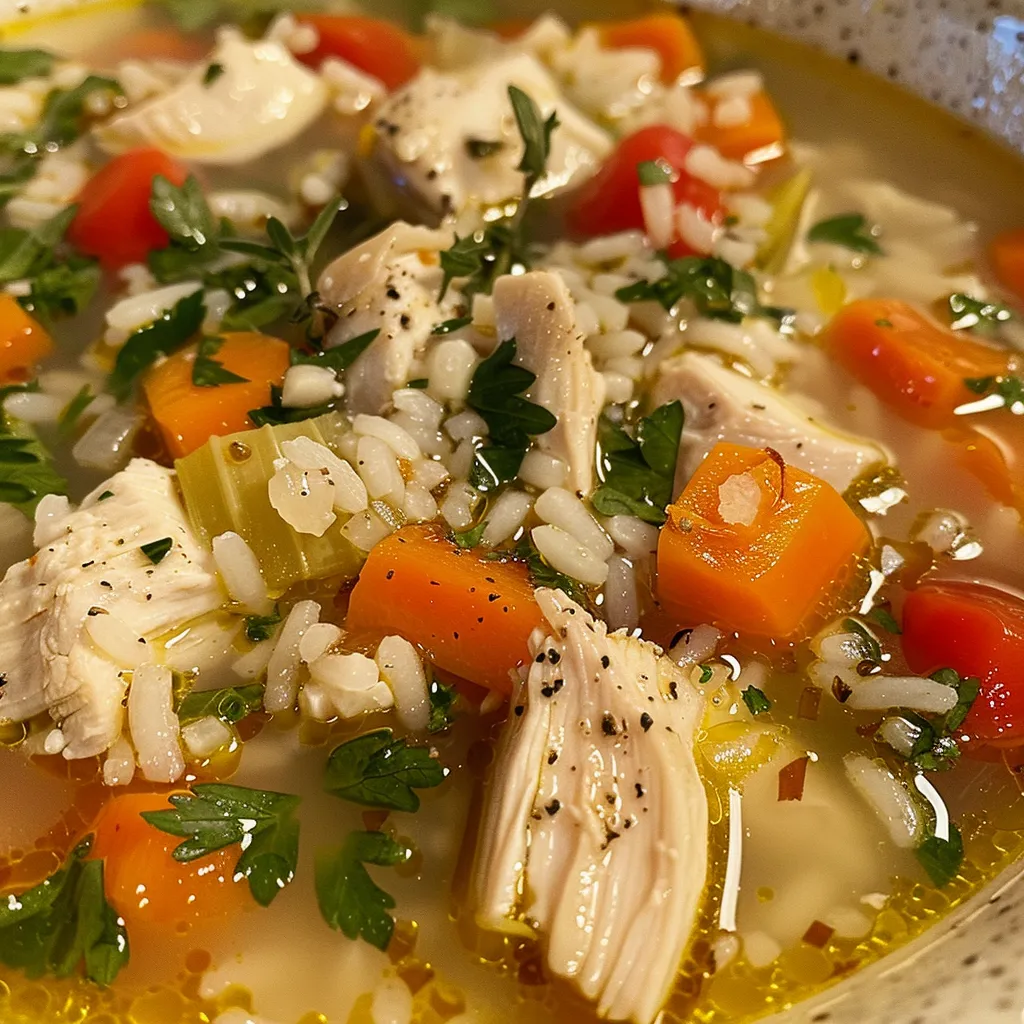 ['A close-up view of Mediterranean Chicken and Rice Soup in a bowl, highlighting its ingredients.', 'A side view of a steaming bowl of chicken and rice soup, showcasing vibrant colors and textures.', 'Detailed image of Mediterranean Chicken and Rice Soup, featuring fresh vegetables and herbs.', 'A close-up of a delicious bowl of soup with chicken, rice, and spinach, emphasizing its hearty appearance.']