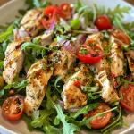 ['Close-up of a colorful Italian Chicken Salad featuring vibrant greens and red tomatoes.', 'Side view of a fresh Italian Chicken Salad with juicy chicken, arugula, and olives.', 'Detailed shot of an Italian Chicken Salad displaying ingredients like Parmigiano and balsamic glaze.', 'A vibrant bowl of Italian Chicken Salad showcasing sliced red onions and cherry tomatoes.']