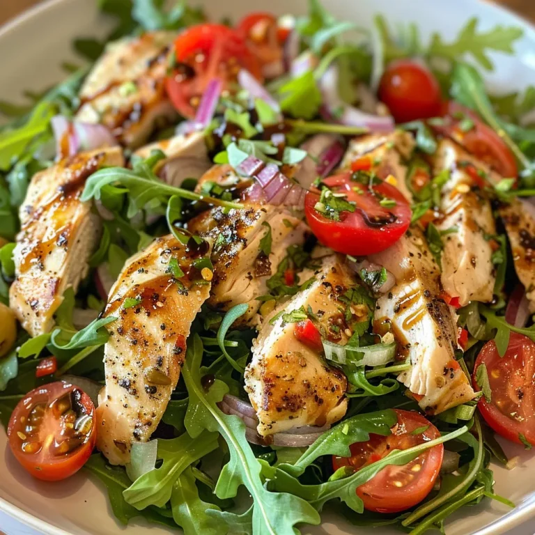 ['Close-up of a colorful Italian Chicken Salad featuring vibrant greens and red tomatoes.', 'Side view of a fresh Italian Chicken Salad with juicy chicken, arugula, and olives.', 'Detailed shot of an Italian Chicken Salad displaying ingredients like Parmigiano and balsamic glaze.', 'A vibrant bowl of Italian Chicken Salad showcasing sliced red onions and cherry tomatoes.']