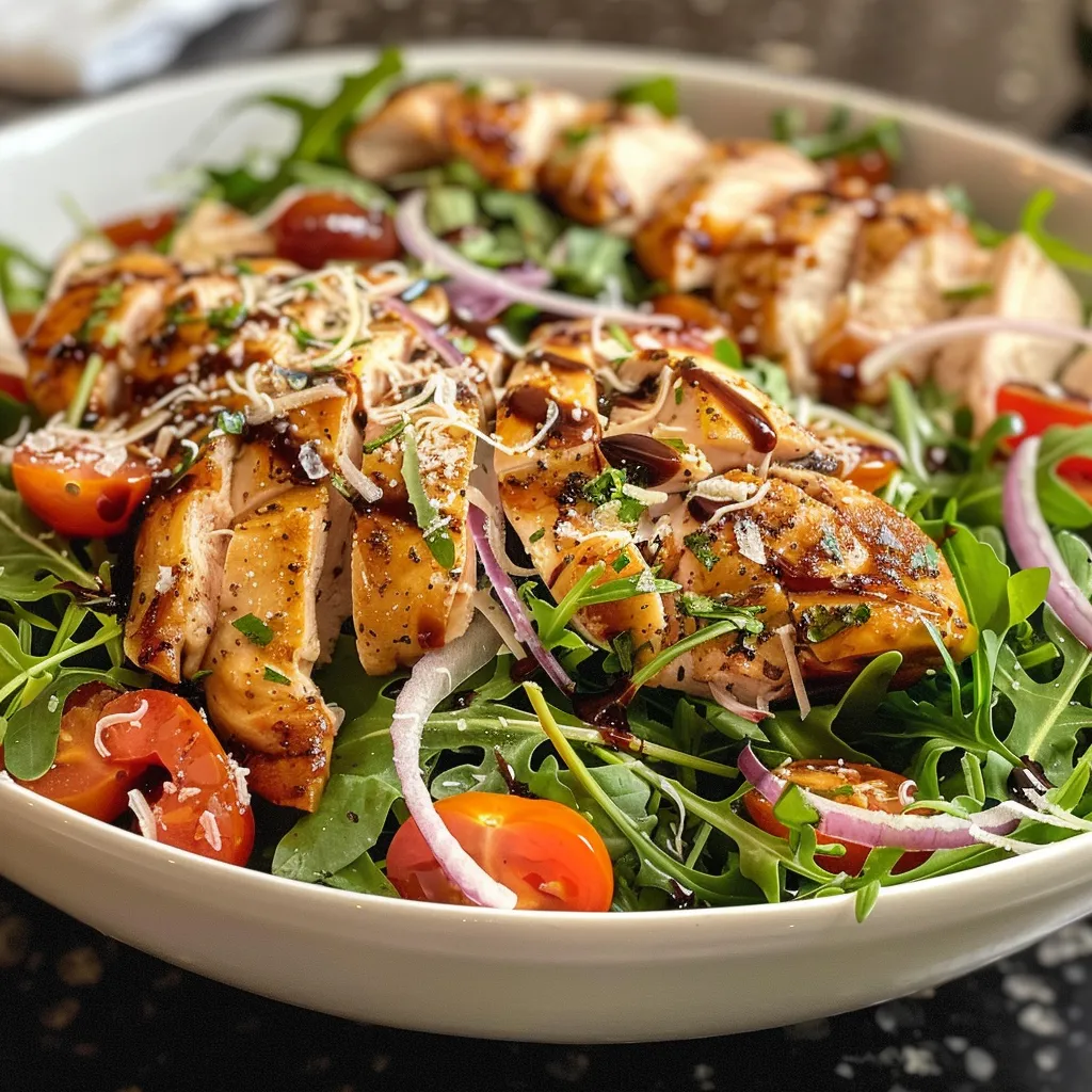 ['Close-up of a colorful Italian Chicken Salad featuring vibrant greens and red tomatoes.', 'Side view of a fresh Italian Chicken Salad with juicy chicken, arugula, and olives.', 'Detailed shot of an Italian Chicken Salad displaying ingredients like Parmigiano and balsamic glaze.', 'A vibrant bowl of Italian Chicken Salad showcasing sliced red onions and cherry tomatoes.']