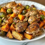 ['Juicy Air Fryer Maple Walnut Chicken garnished with nuts and surrounded by diced sweet potatoes and brussels sprouts.', 'Close-up view of Air Fryer Maple Walnut Chicken with a golden crust, accompanied by diced apples and sweet potatoes.', 'Succulent chicken breast topped with walnuts and maple glaze, set against a vibrant mix of roasted vegetables.', 'Deliciously prepared Air Fryer chicken with a drizzle of maple syrup and a side of fresh brussels sprouts.']