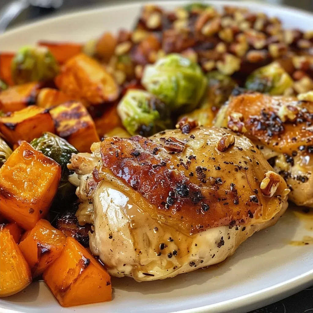 Juicy Air Fryer Maple Walnut Chicken garnished with nuts and surrounded by diced sweet potatoes and brussels sprouts.