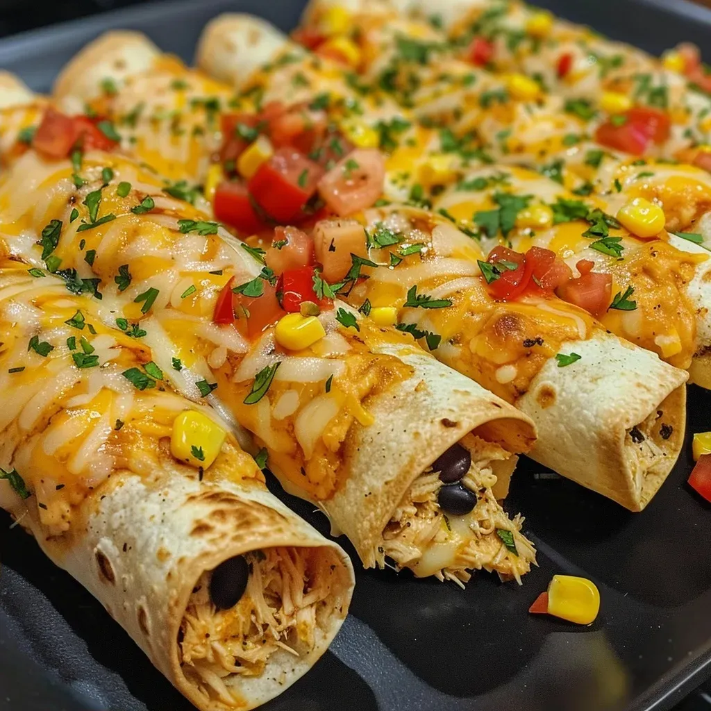 ['Crispy Southwest chicken taquitos with a golden-brown exterior and visible filling.', 'Close-up view of juicy chicken taquitos, showcasing their crunchy texture.', 'Air-fried taquitos filled with chicken and cheese, displayed on a plate.', 'Side view of Southwest chicken taquitos, emphasizing their crispiness and filling.']