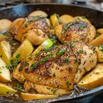 ['Close-up of juicy Apple Cider Chicken served on a plate with apple slices and herbs.', 'Side view of tender Apple Cider Chicken garnished with fresh rosemary and a drizzle of sauce.', 'Appetizing Apple Cider Chicken with sliced apples and diced onion, presented on a rustic wooden table.', 'A delicious serving of Apple Cider Chicken, showcasing its glistening texture alongside fresh ingredients.']