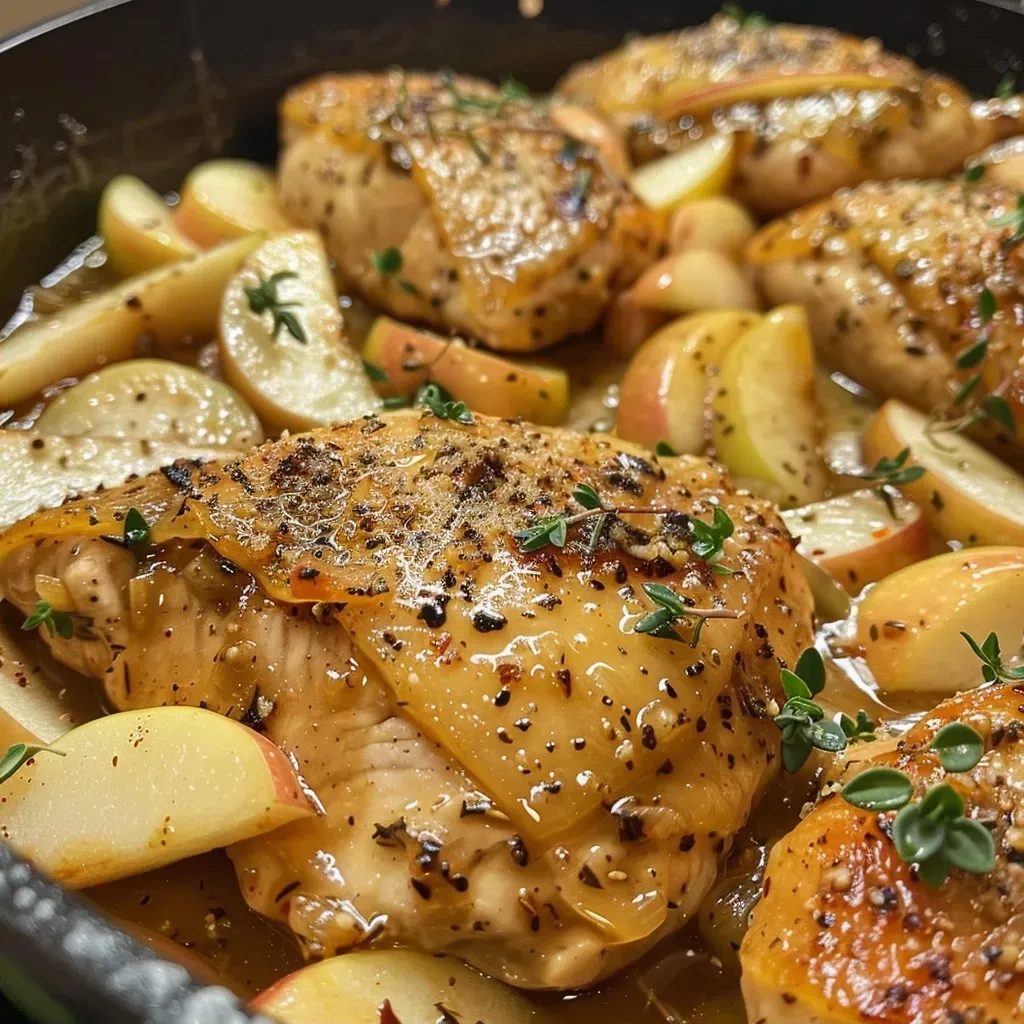 ['Close-up of juicy Apple Cider Chicken served on a plate with apple slices and herbs.', 'Side view of tender Apple Cider Chicken garnished with fresh rosemary and a drizzle of sauce.', 'Appetizing Apple Cider Chicken with sliced apples and diced onion, presented on a rustic wooden table.', 'A delicious serving of Apple Cider Chicken, showcasing its glistening texture alongside fresh ingredients.']