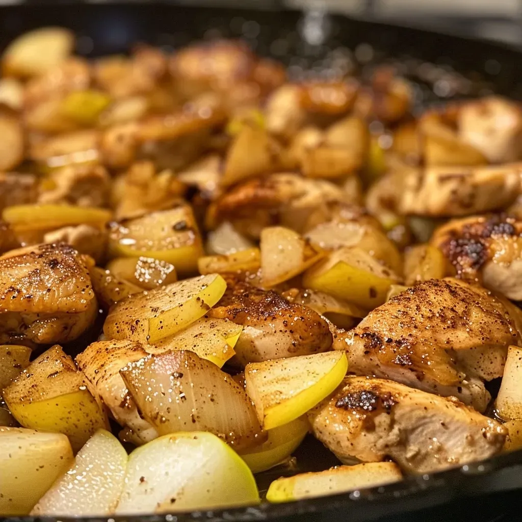 ['Close-up view of succulent Apple Cinnamon Chicken with apple slices and spices.', 'Juicy chicken pieces cooked with apple slices and a cinnamon glaze.', 'Delicious Apple Cinnamon Chicken showcasing a blend of golden chicken and fresh apples.', 'Side view of a dish featuring Apple Cinnamon Chicken with visible apple slices and seasonings.']
