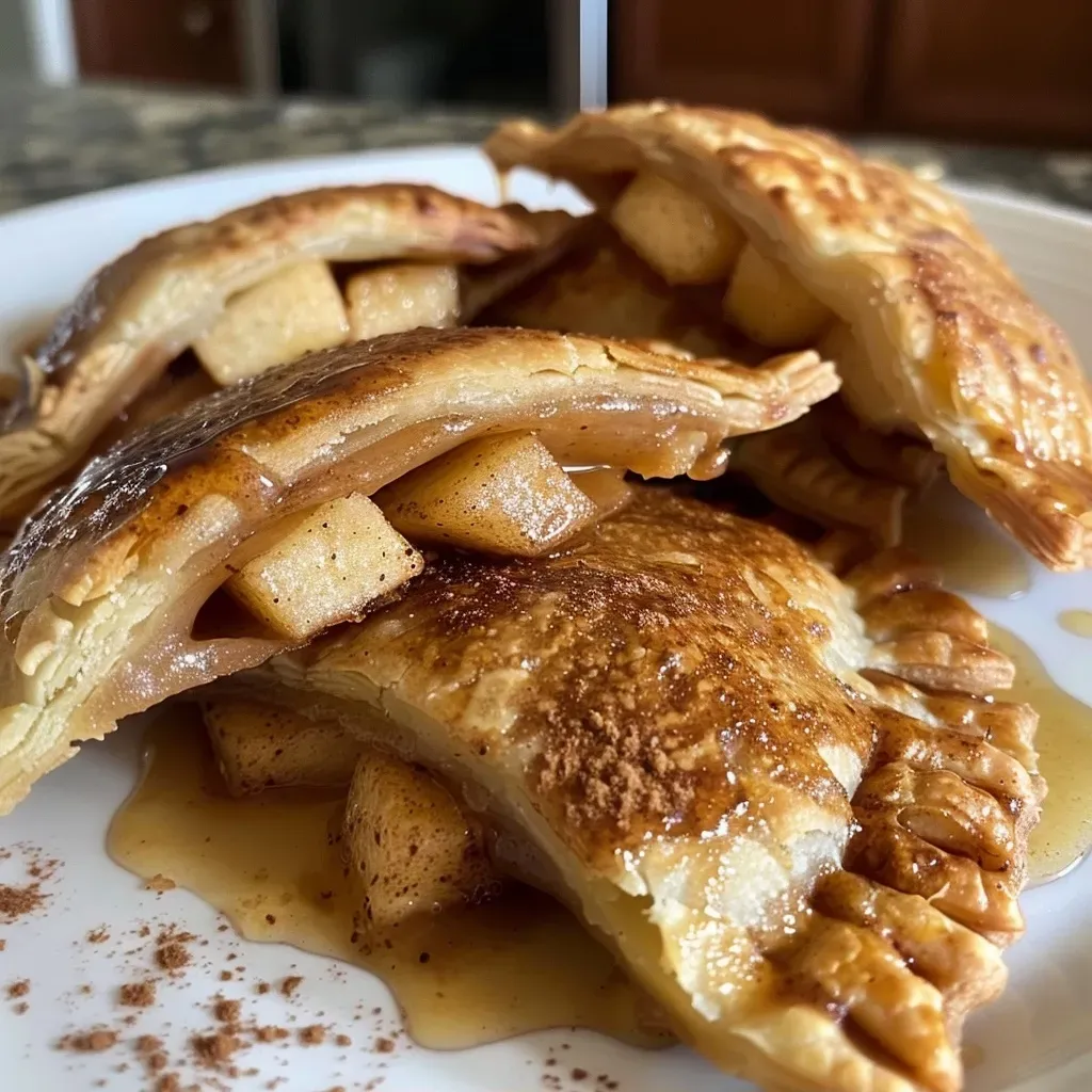 ['Close-up view of golden-brown Apple Cinnamon Hand Pies with a flaky crust.', 'Side view of a delicious Apple Cinnamon Hand Pie, showcasing its apple filling.', 'Juicy Apple Cinnamon Hand Pies arranged on a plate, revealing their crispy exterior.', 'Steaming Apple Cinnamon Hand Pie with visible apple chunks and a glossy finish.']