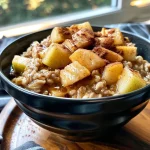 ['Close-up view of a bowl of apple cinnamon oatmeal topped with apple slices.', 'Side view of creamy oatmeal with apple pieces and a sprinkle of cinnamon.', 'Delicious oatmeal dish featuring diced apples, cinnamon, and a drizzle of syrup.', 'Warm apple cinnamon oatmeal in a bowl, with ingredients visibly displayed.']