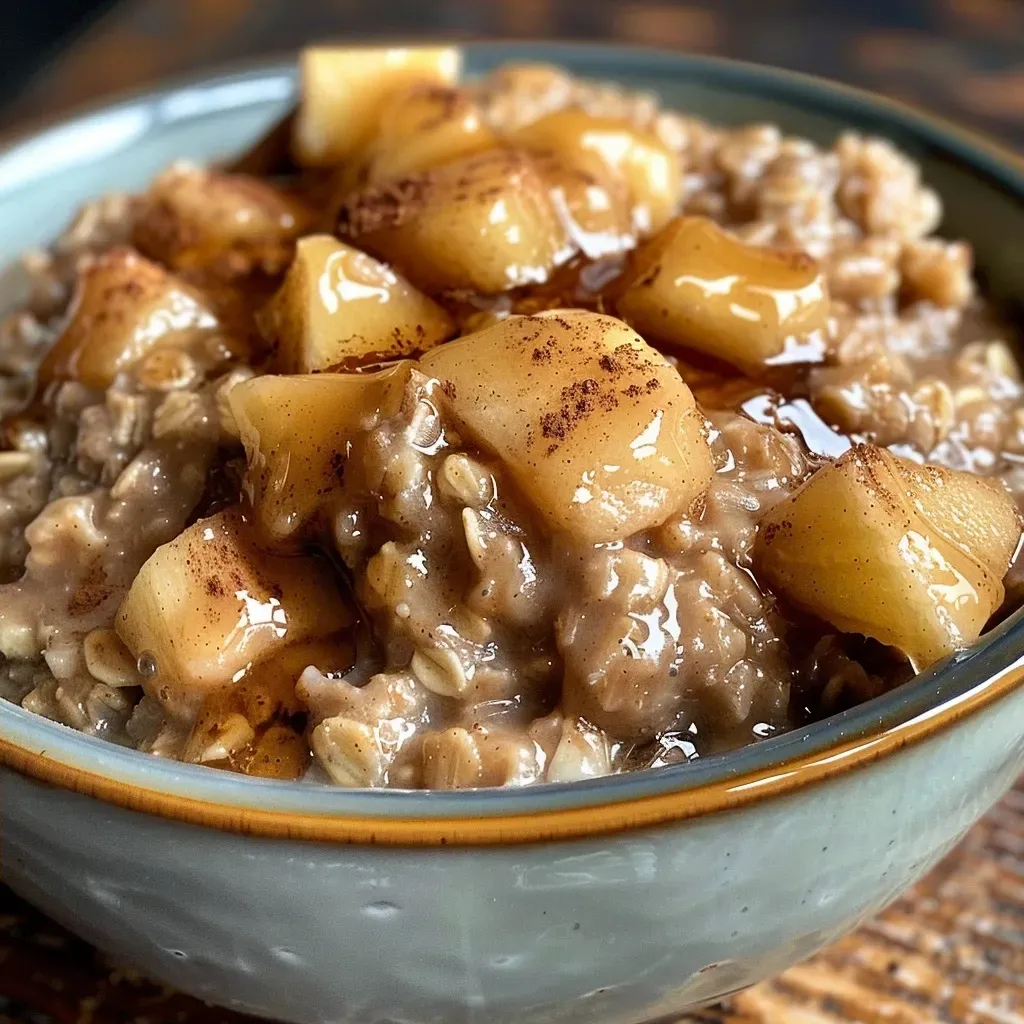 ['Close-up view of a bowl of apple cinnamon oatmeal topped with apple slices.', 'Side view of creamy oatmeal with apple pieces and a sprinkle of cinnamon.', 'Delicious oatmeal dish featuring diced apples, cinnamon, and a drizzle of syrup.', 'Warm apple cinnamon oatmeal in a bowl, with ingredients visibly displayed.']