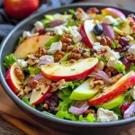 ['Close-up of a colorful apple salad topped with hot honey vinaigrette.', 'Side view of a vibrant apple salad featuring greens and sliced apples drizzled with vinaigrette.', 'Juicy apple salad with assorted ingredients including goat cheese and cranberries, showcasing its texture.', 'Fresh apple salad in a bowl with dressing, highlighting the sliced apples and mixed greens.']