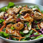 ['A vibrant Asian Chicken Cranberry Salad with mixed greens and colorful vegetables.', 'Close-up of a refreshing salad featuring shredded chicken and dried cranberries.', 'A bowl of Asian Chicken Cranberry Salad showcasing a mix of greens, carrots, and almonds.', 'Delicious Asian Chicken Cranberry Salad displayed with a bright variety of ingredients.']