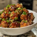 ['Close-up view of juicy Asian chicken meatballs on a plate.', 'Side view of golden-brown Asian chicken meatballs garnished with scallions and sesame seeds.', 'A plate of succulent Asian chicken meatballs with a glossy glaze and fresh green toppings.', 'Detailed image of Asian chicken meatballs showcasing their texture and vibrant garnish.']