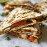 ['Close-up view of a golden-brown chicken quesadilla filled with melted cheese and colorful vegetables.', 'Side view of a sliced chicken quesadilla showcasing chicken, cheese, and fresh ingredients.', 'Juicy chicken quesadilla displaying layers of cheese, peppers, and herbs on a wooden board.', 'Mouthwatering chicken quesadilla with visible filling of grilled chicken and veggies, captured on an iPhone 15 Pro.']
