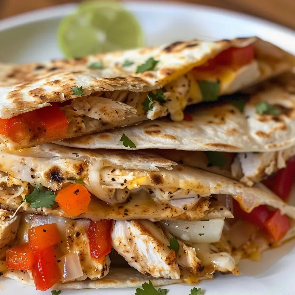 ['Close-up view of a golden-brown chicken quesadilla filled with melted cheese and colorful vegetables.', 'Side view of a sliced chicken quesadilla showcasing chicken, cheese, and fresh ingredients.', 'Juicy chicken quesadilla displaying layers of cheese, peppers, and herbs on a wooden board.', 'Mouthwatering chicken quesadilla with visible filling of grilled chicken and veggies, captured on an iPhone 15 Pro.']