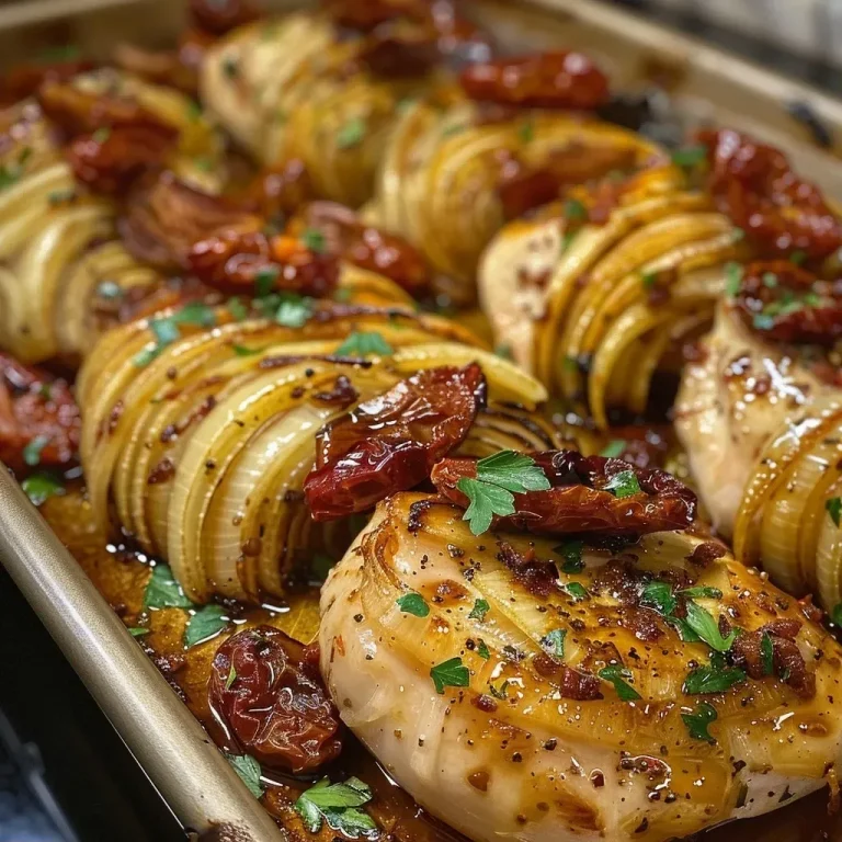 ['Close-up view of baked caramelized onions and chicken served on a white plate.', 'A delicious dish featuring chicken strips topped with golden caramelized onions and sun-dried tomatoes.', 'Juicy baked chicken thighs accompanied by rich caramelized onions, drizzled with olive oil.', 'Side view of a plate showcasing succulent chicken pieces and caramelized onions garnished with fresh parsley.']
