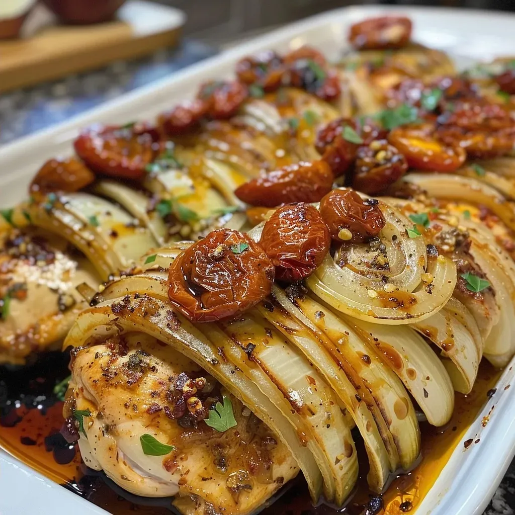 ['Close-up view of baked caramelized onions and chicken served on a white plate.', 'A delicious dish featuring chicken strips topped with golden caramelized onions and sun-dried tomatoes.', 'Juicy baked chicken thighs accompanied by rich caramelized onions, drizzled with olive oil.', 'Side view of a plate showcasing succulent chicken pieces and caramelized onions garnished with fresh parsley.']