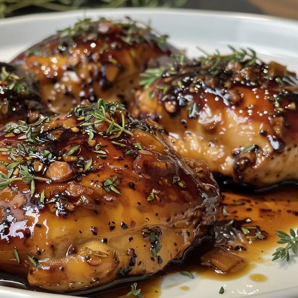 ['Juicy Balsamic Fig Glazed Chicken with a glossy sauce, garnished with fresh rosemary.', 'Close-up of tender, glazed chicken breasts drizzled with balsamic fig sauce on a plate.', 'Side view of succulent chicken coated in a rich balsamic fig glaze, showcasing its shine and tenderness.', 'Appetizing Balsamic Fig Glazed Chicken dish with a vibrant sauce and aromatic herbs.']