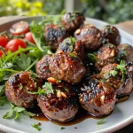 ['Juicy balsamic fig glazed meatballs in a skillet with cherry tomatoes and dried figs.', 'Close-up view of golden-brown meatballs coated in balsamic fig glaze, garnished with parsley.', 'Savory meatballs with a shiny glaze, surrounded by halved figs and vibrant cherry tomatoes.', 'A skillet filled with succulent meatballs, drizzled in balsamic glaze, with fresh greens and pine nuts.']