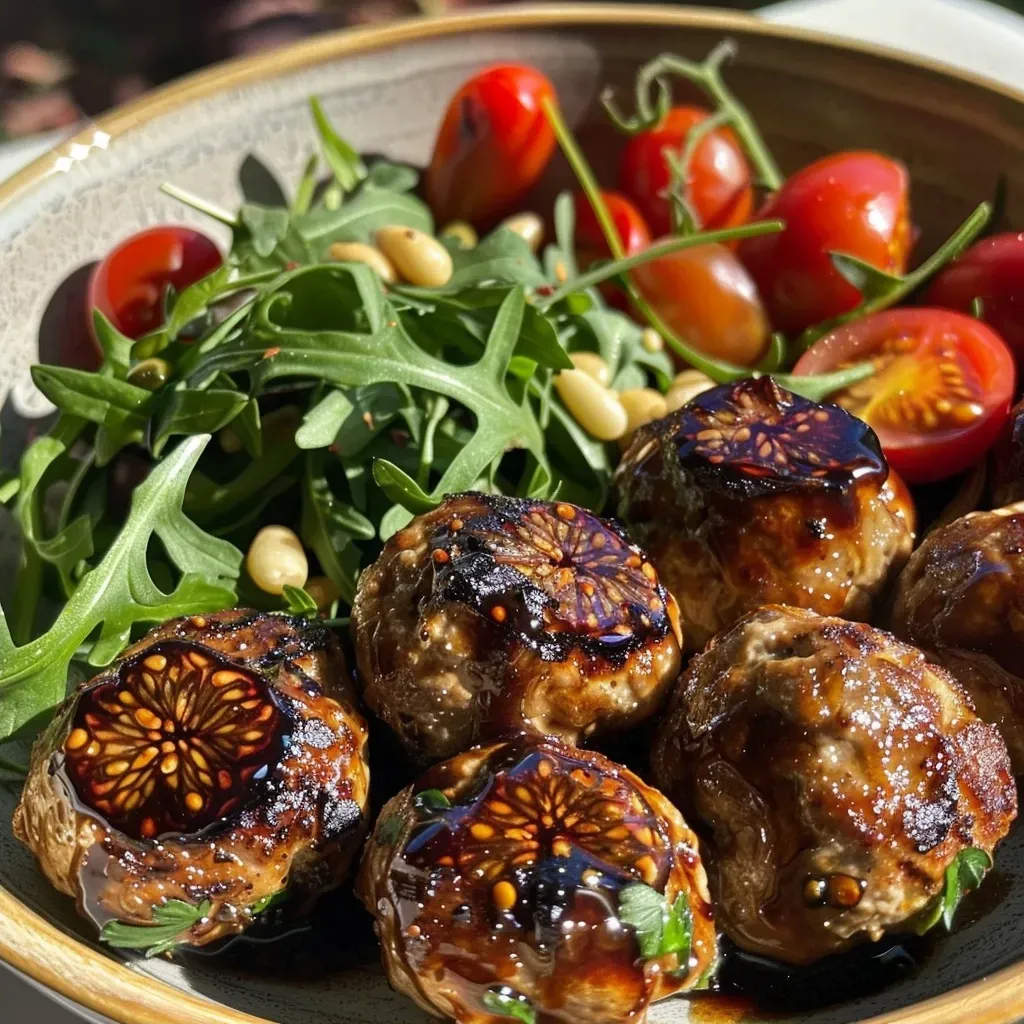 ['Juicy balsamic fig glazed meatballs in a skillet with cherry tomatoes and dried figs.', 'Close-up view of golden-brown meatballs coated in balsamic fig glaze, garnished with parsley.', 'Savory meatballs with a shiny glaze, surrounded by halved figs and vibrant cherry tomatoes.', 'A skillet filled with succulent meatballs, drizzled in balsamic glaze, with fresh greens and pine nuts.']