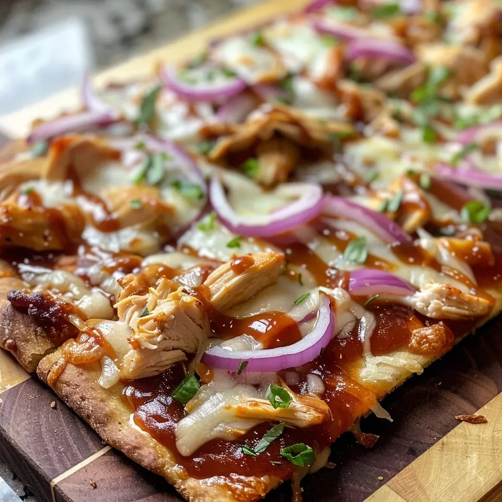 ['Close-up side view of barbecue chicken flatbread topped with cheese and herbs.', 'Juicy barbecue chicken flatbread with melted cheese and red onion slices, presented on a wooden surface.', 'Delicious barbecue chicken flatbread featuring shredded chicken and fresh green onions, seen from the side.', 'Tasty naan flatbread with barbecue chicken, a sprinkle of cheese, and colorful toppings, captured up close.']