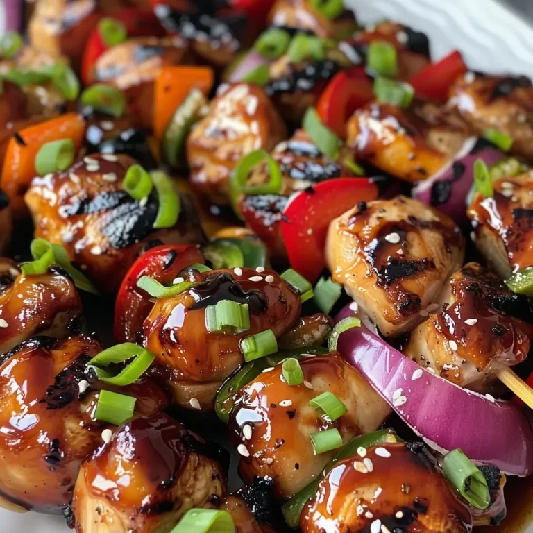 ['Close-up of juicy barbecue maple chicken kebabs with colorful vegetables.', 'Side view of grilled chicken kebabs featuring red onions and bell peppers.', 'Delicious barbecue maple chicken kebabs arranged on a platter.', 'Freshly grilled chicken kebabs with glistening glaze and vibrant veggies.']