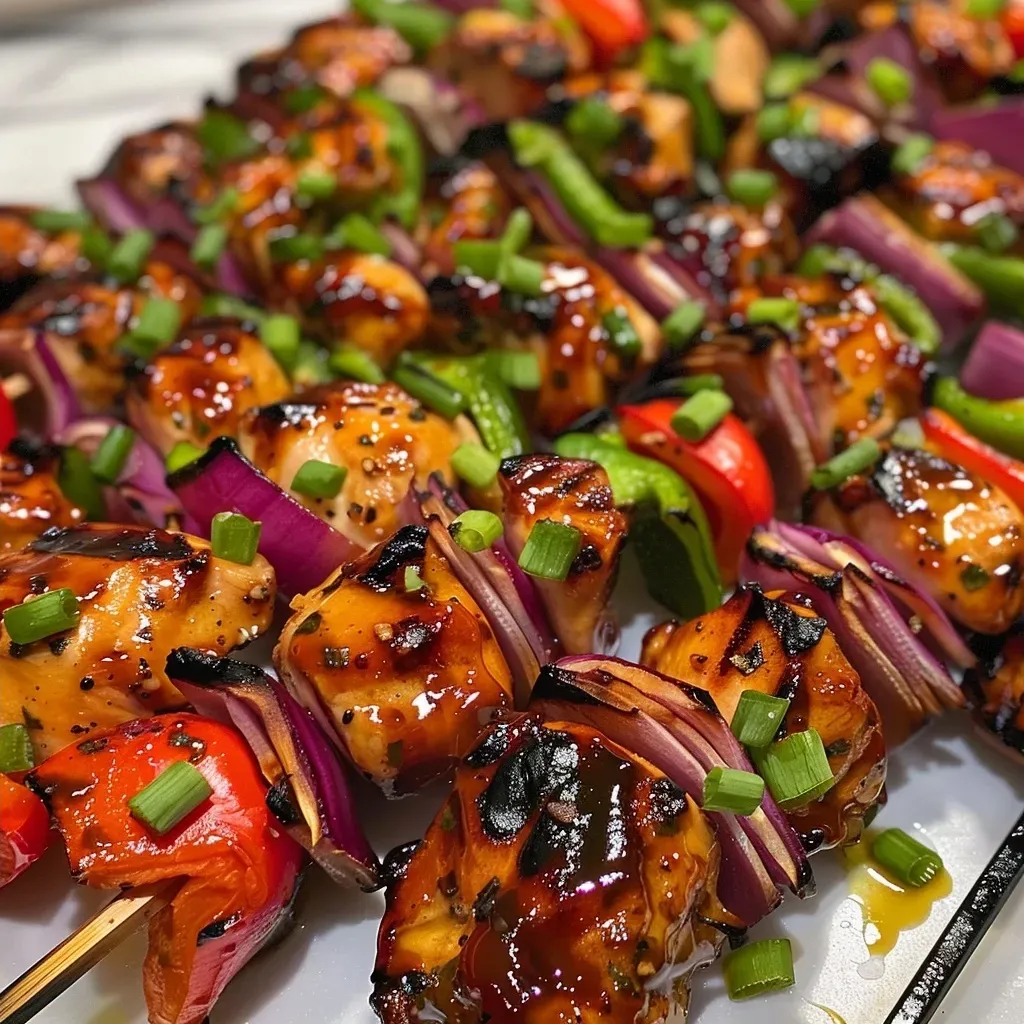 ['Close-up of juicy barbecue maple chicken kebabs with colorful vegetables.', 'Side view of grilled chicken kebabs featuring red onions and bell peppers.', 'Delicious barbecue maple chicken kebabs arranged on a platter.', 'Freshly grilled chicken kebabs with glistening glaze and vibrant veggies.']