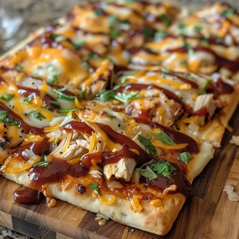 ['Close-up side view of a BBQ Chicken Flatbread topped with shredded chicken and colorful bell peppers.', 'Juicy BBQ Chicken Flatbread with melted cheese and vibrant toppings, seen from the side.', 'Side perspective of BBQ Chicken Flatbread featuring grilled chicken and sliced bell peppers.', 'Delicious BBQ Chicken Flatbread, showcasing layers of cheese, chicken, and vegetables from a close view.']