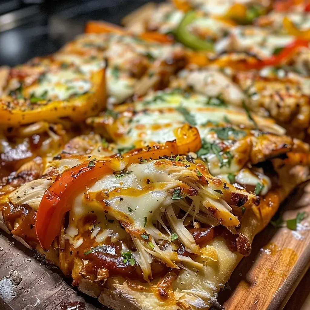 ['Close-up side view of a BBQ Chicken Flatbread topped with shredded chicken and colorful bell peppers.', 'Juicy BBQ Chicken Flatbread with melted cheese and vibrant toppings, seen from the side.', 'Side perspective of BBQ Chicken Flatbread featuring grilled chicken and sliced bell peppers.', 'Delicious BBQ Chicken Flatbread, showcasing layers of cheese, chicken, and vegetables from a close view.']