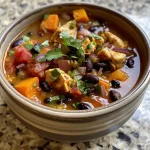 ['A close-up view of a bowl of Black Bean Sweet Potato Chicken Soup filled with vibrant ingredients.', 'A side view of a steaming bowl of chicken soup with black beans and sweet potato.', 'A detailed shot of hearty Black Bean Sweet Potato Chicken Soup garnished with fresh herbs.', 'A rich, colorful bowl of Black Bean Sweet Potato Chicken Soup ready to be served.']